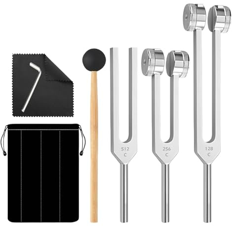 Lot de diapasons thérapeutiques - 128 Hz, 256 Hz, 512 Hz, diapason neurologique - Alliage d'aluminium - Avec marteau à réflexes - Pour méditation, thérapie sonore, guérison