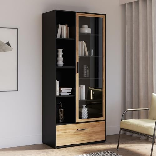 Forte MOKKARO Vitrine R 85, Vitrinenschrank mit Glastür, Regalböden und Schublade, Holzwerkstoff, Mauvella Eiche Dekor/Schwarz, 84,7 cm breit, 190,5 cm hoch, 42 cm tief