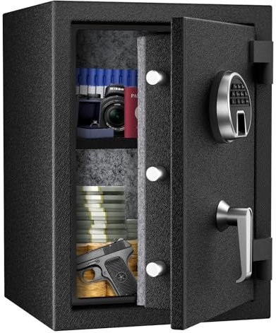 WASJOYE Biométrique Coffre Fort Ignifuge, Coffre Fort à Empreintes Digitales avec Clavier Numérique et Chargement de Type-C, Coffre Fort Etanche pour l'Argent, la Maison, l'Hôtel, le Bureau, 40L