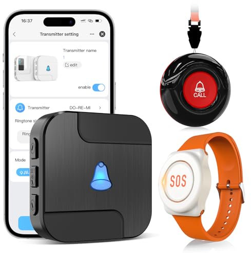 CallToU Tuya WiFi Personal alarms for elderly,Waterproof elderly alarm call button System with 1 Call button,1 Wrist button & Receiver - Connects to Phone,Ideal for Seniors Disabled Kids