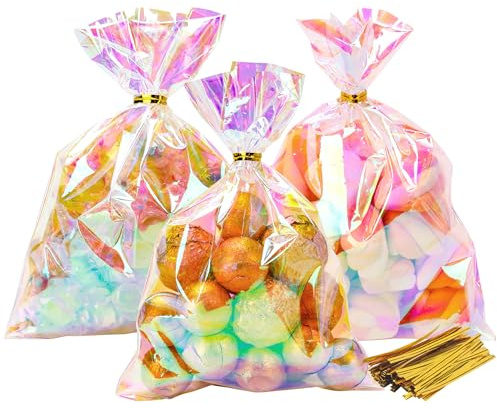 BTSD-home 100 Transparente Irisierend Plätzchentüten 13x18 cm Mit Bindern | Plätzchen, Pralinen und Bonbons, Geschenktüten klein für Hochzeit, Geburtstag und Advent, 100 Binder für saubere Portionen
