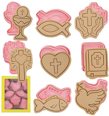Juego de moldes de galletas de primera comunión, 8 unidades, moldes 3D con cáliz para Pascua, Halloween, Navidad, bautismo religioso, comunión