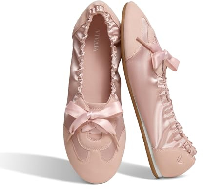 VIVAIA Yanka Women's Flat Shoes, Round Toe Satin Sneakerina Lace-up Ballet Flats, Comfortable Lightweight Fashion Sneakers, Peach Blush,US7