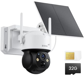 ZOSI 4G LTE Solar Überwachungskamera Aussen mit 32GB Speicherkarte | und SIM-Karte 4MP 360° PTZ Kabellos Akkukamera ohne WLAN, Farbnachtsicht, KI-Personenerkennung, C291