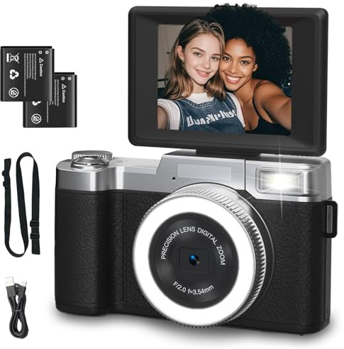 Fotocamera digitale 4K, 64 MP, autofocus, zoom digitale 18X, compatta, schermo orientabile a 180° da 3 pollici, videocamera per vlog, per principianti, videocamera retrò con 2 batterie