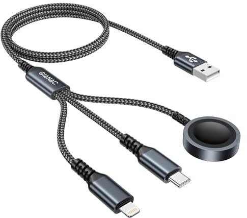 GIANAC Ladekabel für Apple Watch+Lightning+USB C 1.2M Multi USB Kabel | ladekabel 3 in 1 schnellladekabel Universal Ladekabel mit für Apple Watch Series 10/9/8/7/6,iPhone17/16/15/14