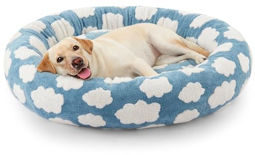 JOEJOY Jacquard Donut Round Dog Beds Large Sized Dog,Blue 36x36x8in, Removable Washable Cover, Cute Pattern, Ultra Soft Fluffy Calming Pet Bed with Thick Supportive Bolster