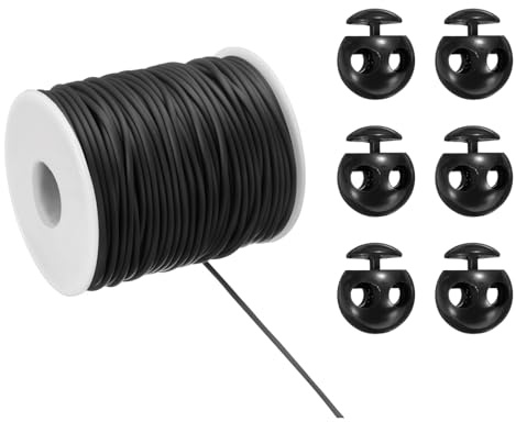 sourcing map Synthetisches Gummikordel-Set, 50 m, Schlüsselband mit 6 Kunststoff-Kordelschlössern für Kordelzug, elastische Schnürsenkel, DIY, Nähen, Schwarz