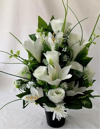 Silky Bouquets Flat-Back Grave Pot – Handmade Artificial White Rose & Lily Silk Flower Arrangement, Elegant Memorial Tribute, Lasting Cemetery Floral Decoration