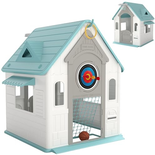 AIYAPLAY Casetta da Giardino per Bambini 5 in 1 con Palla da Basket, Freccette, Anelli, Porta Calcio, Finestre e Porta, Casa Gioco Casetta per Bambini da Interno 2-5 Anni 132x118x124 cm Multicolore