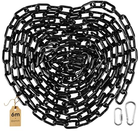 SWAWIS 6m Cadena de Acero al Carbono Ø 6mm, con M6 Anillo Rápido y Mosquetón de Resorte, Cadena de Metal para Cadenas Divisorias, Columpios y Sillas Colgantes (Negro)