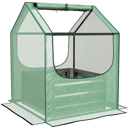 Outsunny Jardinière surélevée avec mini serre, jardinière d'extérieur en métal avec couvercle, pour herbes et légumes, terrasse, jardin, balcon, vert et argenté