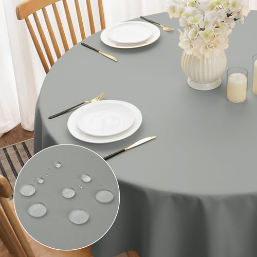 Softalker Tischdecke Outdoor rund 140 Grau abwaschbar wasserabweisend runde Tischtuch Elegante Polyester Tischwäsche Tablecloth für Sommer Ostern, Party, Cafe, Restaurant, Esszimmer, Garten, Draußen