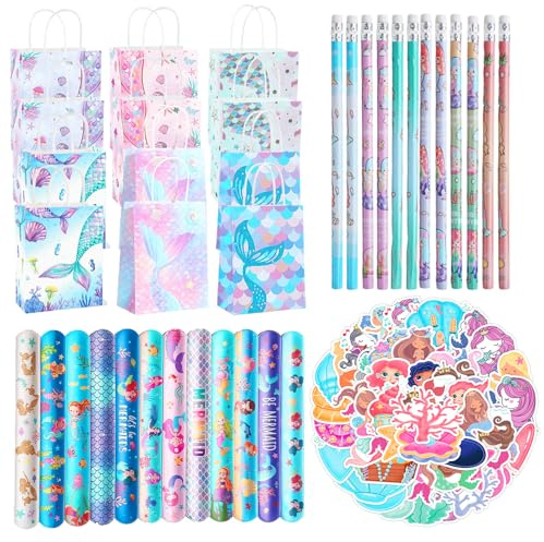 Eymobad 86 PCS Meerjungfrau Party Taschen Meerjungfrau Mitgebsel, 12 Meerjungfrauen-Papiertüte,12 Mädchen Slap Armbänder,12 Bleistift,50 Aufkleber,12 Bleistift,Gastgeschenk Kindergeburtstag Mädchen