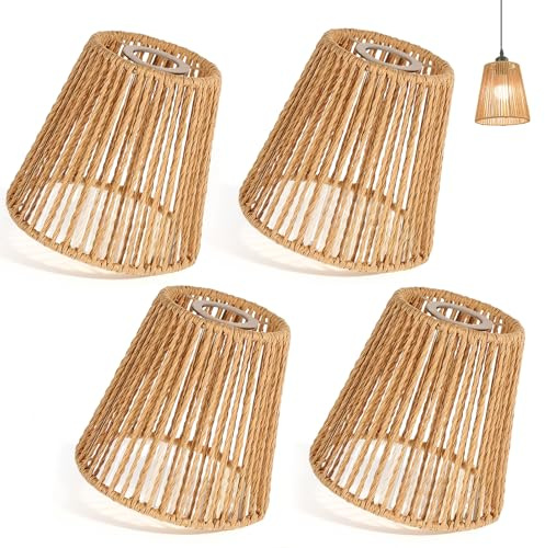 Boho Rattan Lampenschirm, 4 Stück E27 Lampenschirme für Tischlampe Hängelampe Stehlampe Deckenleuchte Papierlampenschirm Papier Ersatzschirm für Stehlampe Deckenlampe 14 x 14 cm