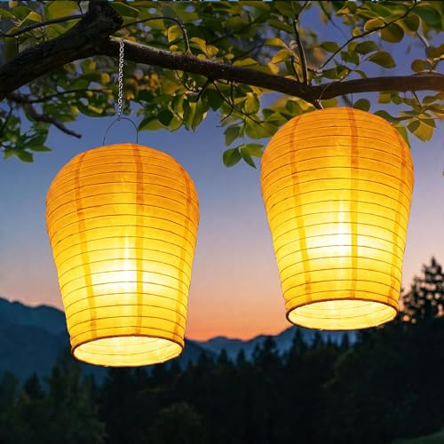 iShabao Solar Lampions für Außen, 2 Stück 30cm Solarlampen Wetterfest Nylon Hängend Lampions, Gartenlaterne mit Realistischer Flammeneffekt, Wunschlaterne für Garten, Party, Fest, Hof Deko (Warmweiß)
