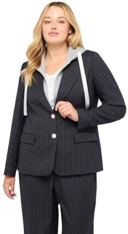 FIORELLA RUBINO: Blazer gessato con cappuccio in felpa staccabile blu. 41 Stagione Autunno Inverno 2025