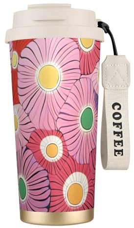 Unique Customized Coffee Mug - Insulated Stainless Steel Tumbler for Travel, Home & Office - 17 oz Pink flowers White