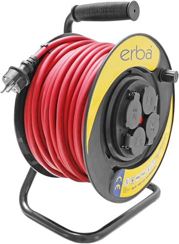 ERBA Kabeltrommel, 50m H07RN-F 3G1,5 Kabel, Kunststoffgehäuse, 300mm Trommel, IP44 Schutz, 4 Steckdosen, 3200W, 30x22,5x40cm, 9,64kg