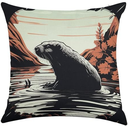QSKDLAC 24x24 Inch Throw Pillow Covers with Black Beaver Pattern, Imitation Linen Decorative Pillow Cases with Hidden Zipper for Couch Bed Sofa Chair Living Room Indoor Outdoor Decor