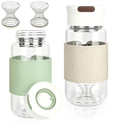 2 Stück Protein Shaker Glas, 480 ml BPA-frei & geruchlos Glas Shaker Flasche mit Sieb und 304 Edelstahl-Mischkugel, Eiweißshaker Becher für Fitness Protein- & Shake-Getränke (Weiß+Grün, 500ml)