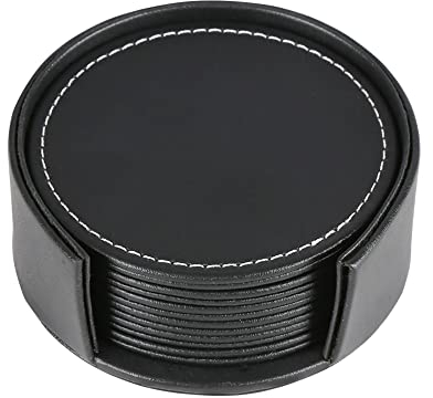 KINGFOM 6 Stücke Untersetzer Gläser Leder Glasuntersetzer Schwarz Getränkeuntersetzer für Gläser Coffee Bar, mit Untersetzer Halter