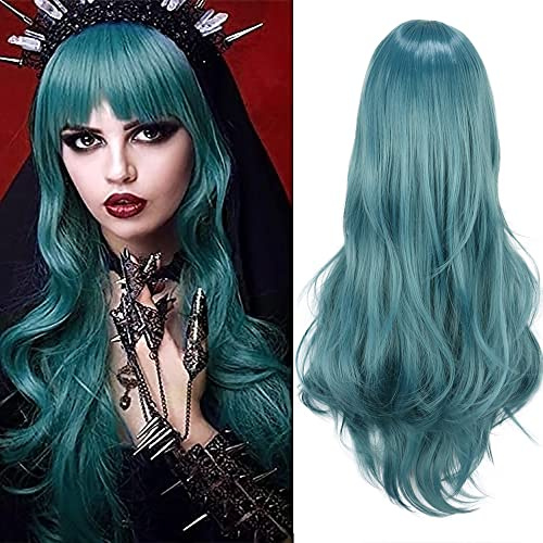 Colorful panda 28 tum/70 cm askblå lång lockig vågig blå cosplay peruker för kvinnor Flickor Barn Anime kostym fest Halloween karneval peruk värmebeständigt syntetiskt hår