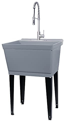 Utility Sink Extra-Deep Laundry Tub in Grey with High-Arc Stainless Steel Coil Pull-Down Sprayer Faucet, Integrated Supply Lines, P-Trap Kit, Heavy Duty Floor Mounted Freestanding Wash Station
