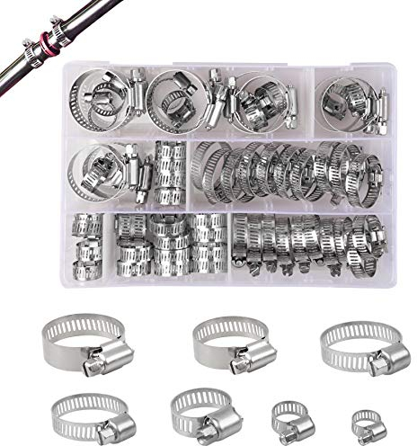YEYIT 60 Pcs Hose Clips, Jubilee Hose Clamp 7 Sizes Adjustable 6-38mm Range Hose Clamps,Stainless Steel Pipe Clips Assortment with Storage Case, for Water Pipe,Automobile Tubing