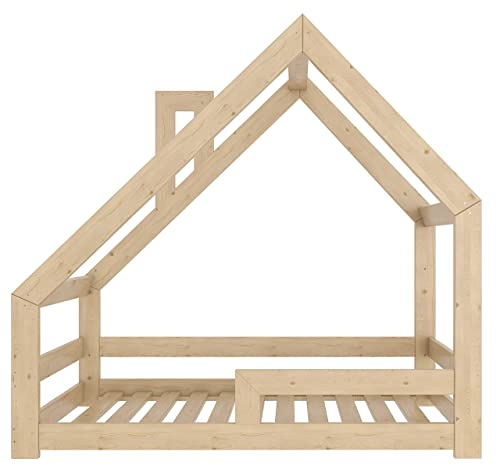 Need Sleep Kinderbett Kinder Hausbett 70x140 Bodentief mit Rausfallschutz Lattenrost Schornstein Kleinkind Bodenbett Haus ab 2 Jahre Montessori Bett aus Holz Mädchen Junge Asymmetrisch