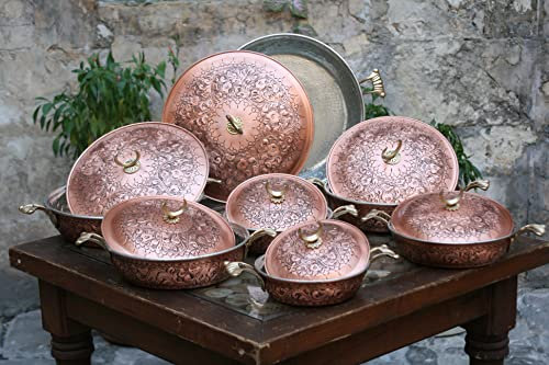 Siviss Juego de utensilios de cocina de cobre en relieve hechos a mano, utensilios de cocina tradicionales de cobre, vajilla, utensilios de cocina de cobre (juego de 7), cobre rojo