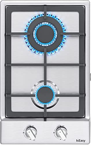 Domino Gaskochfeld, IsEasy Gaskochfeld 2 Flammig mit Topfträger aus Gusseisen, 2 Zonen Edelstahl Gaskochfeld, Autark Eingebaut, Erdgas(20mbr)/Propangas(30&50mbr), 3300W/1000W, 220-240V, 30cm, Silber