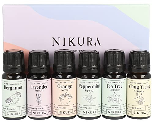 Nikura Best Sellers Essential Oil Gift Set - 6 x 10ml | Essential Oils for Diffusers for Home, Aromatherapy, Sleep, Cleaning, Skin, Spiders | Lavender, Sweet Orange, Peppermint, Tea Tree & Ylang Ylang