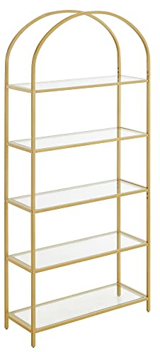 VASAGLE Regal, Bücherregal 5 Ebenen, Standregal aus Hartglas, Aufbewahrungsregal, bogenförmig, Metallstruktur, für Wohnzimmer Schlafzimmer Arbeitszimmer Bad, goldfarben-transparent LGT050A01