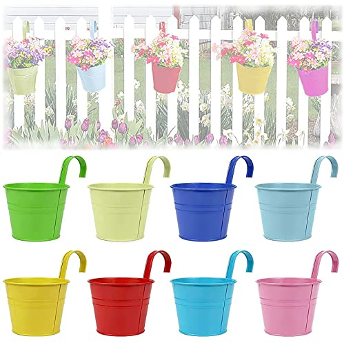 WKLSSRH 8er Set Hängetöpfe Metall Set Pflanztopf Bunt Blumentöpfe zum Aufhängen Eisen Hängeblumentöpfe mit abnehmbarem Griff Haken für Blumen Kräuter Sukkulenten Balkon Garten