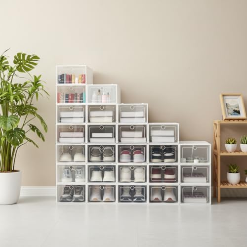 Lightakai 20 Stück Schuhbox, faltbare Kunststoff-Schuhaufbewahrungsbox, transparenter Schuh-Organizer, stapelbare Schuh-Aufbewahrungsbox mit Deckeln für Damen/Herren, 33 x 23 x 14 cm