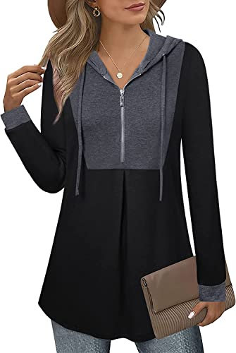 Siddhe Pullover Damen Hoodie Farbblock Tunika Langarm Bluse Kapuzenpullover Oberteile Pulli mit Kapuzen 1/4 Zip Up Longshirt Lang Sweatshirt A Linie Locker, Schwarz Grau 3XL