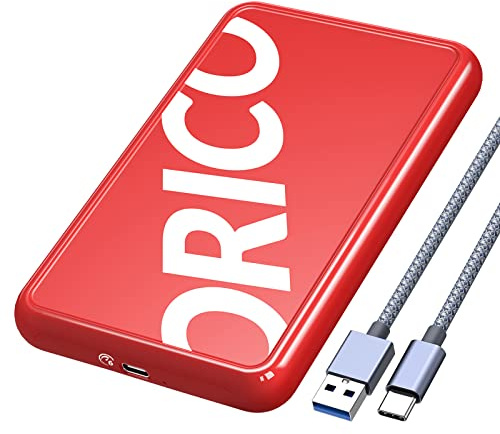 ORICO Festplattengehäuse 2,5 Zoll, 6Gbps USB 3.1 Gen 1 Festplatten Externes Gehäuse für 9.5mm 7mm 2.5 Zoll SATA SSD HDD bis zu 8 TB, UASP unterstützt, mit USB Kabel, Werkzeugloses SSD Gehäuse(Rot)