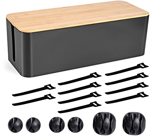 Cable Management Box - Wooden Style Large Cord Organizer to Hide Wires & Power Strips | Desk Computer Cable Organizer | Safe ABS Material | 16 (L) x 6.2 (W) 5.3 (H) | for Home & Office - Black