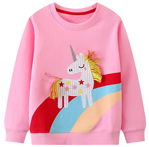 FILOWA Felpa per Bambina Cotone Unicorno Ricamo Pullover, 6-7 Anni, Rosa