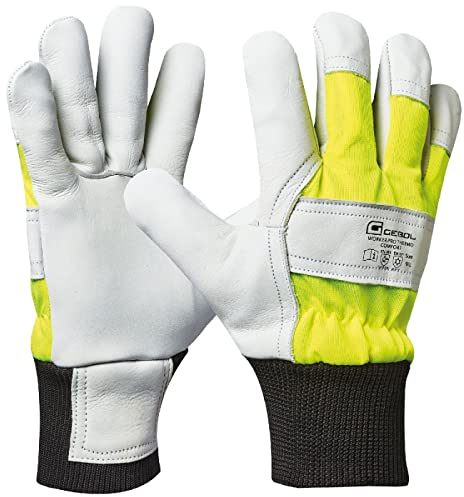 Gebol Worker Pro Thermo Comfort (1 Paar) - Arbeitshandschuhe aus 1,2 mm Rindsvollleder, Kälteschutz, Winter-Handschuhe mit Thermo-Innenfutter & Neongelb Sichtbarkeit, für Herren, L (Gr. 9)