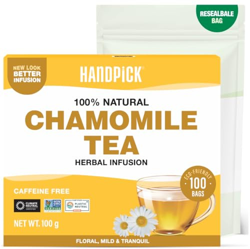 HANDPICK, Tisane de Camomille - 100 Sachets Ronds Écoresponsables - Sans Caféine & Non-OGM- Fleurs de Camomille 100% Pures - Mélange Floral aux Herbes - Scellé Sous Vide pour la Fraîcheur