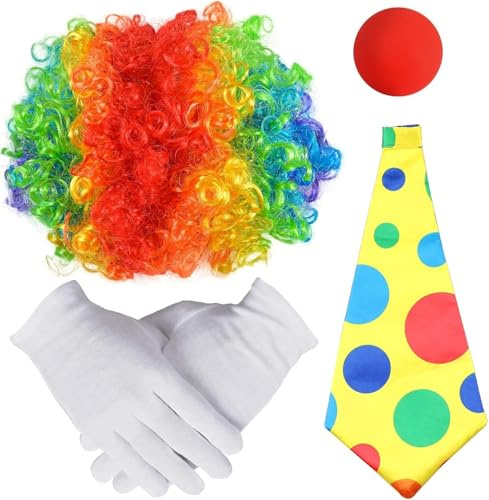 KHIRY 4 Stück Clown Kostüm Accessoire,Regenbogen Perücke Clown,Lockenperücke Clown,Kostümzubehör Clown,Clown Kostümzubehör,Clown Lockenperücke+Clownsnase+Bunte Krawatte+Handschuhe