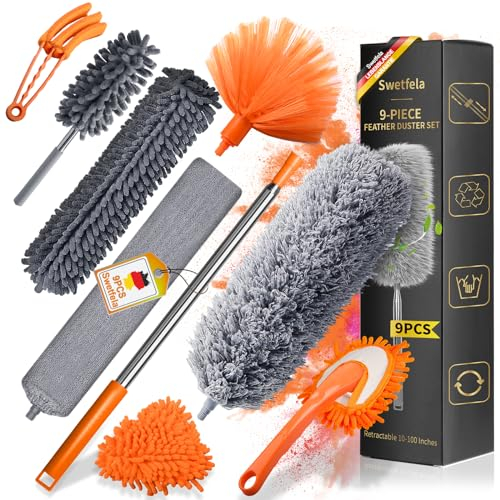Swetfela 9 Pièces Plumeau Telescopique,Tete de Loup Telescopique Longueur 256cm,Plumeau Poussiere Lavable,Plumeau Poussiere Telescopique pour Toile D'Araignéeventilateur de Plafond(Orange+Gris)