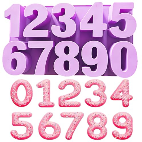 Bustlwor Zahlen Silikonformen, Digitale 3D Backform, 0-9 Kuchenform Zahlen, für Backen, Tortendeko, Schokolade, Eiswürfelform(Lila)