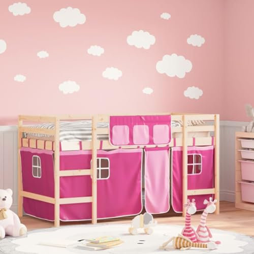 Festnight Hochbett Kinder mit Vorhang Spielbett Kinderbett 90x200 cm Kinderhochbett Etagenbett Hausbett Holzbett mit Leiter Einzelbetten Jugendbett Bettgestell Halbhochbett