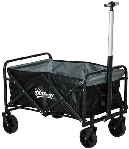 Outsunny Carro de Jardín Carro para Playa Plegable con 4 Ruedas Longitud y Ángulo del Mango Ajustables Capacidad 70 L Carga 80 kg para Compra Campaña Negro