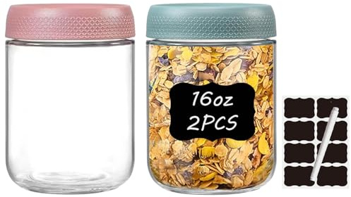 twoant Glass Jars with Lids 2 Pack 16oz Overnight Oats Meal Prep Portion Control Containers Snack Pudding Yogurt Cereal Salad Food Storage Cups Bowls Airtight with Stickers and Marker