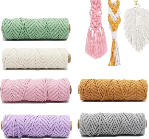 6 filati macramè, 1 mm x 100 m, corda di cotone naturale, filato di cotone macramè, per fai da te, piante sospese, fioriere, decorazioni boho (6 pezzi, 3 mm x 50 m)