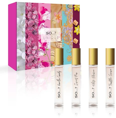 So…? Unique Premium Womens Perfume Gift Set, Vanilla Candy, Sweet Pea, White Blossom, Truffle Cream, Eau De Toilette with Long Lasting Fragrance - Travel Size Mini Perfume for Girls (4 x 14ml)